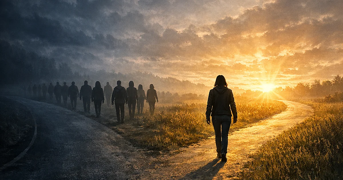 Silhouetted figure walking away on diverging path with other silhouettes following behind at dawn