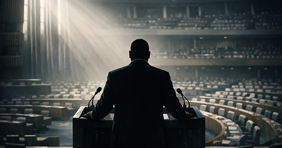 Silhouetted figure at podium addressing empty curved assembly hall with dramatic window light