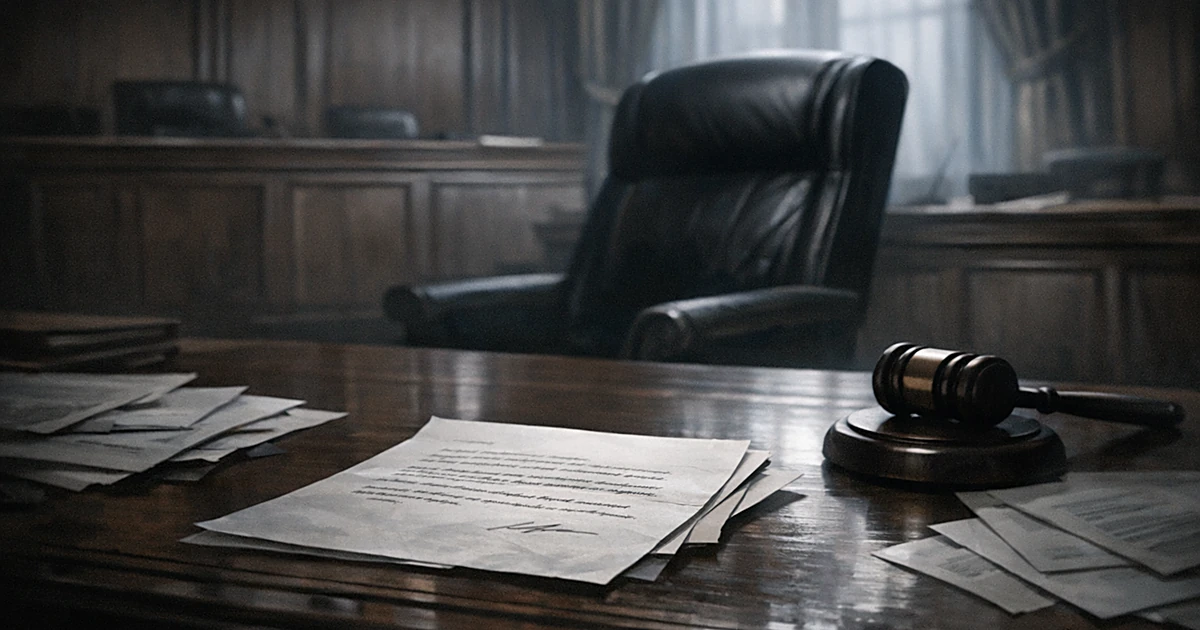 Empty judge's chamber with wooden bench, abandoned chair, and letter on desk in dim lighting suggesting scandal