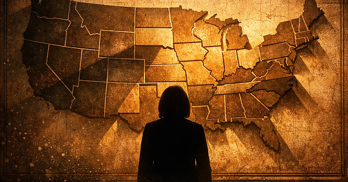 Silhouette of person viewing illuminated map of US states with dramatic shadows cast across the divided sections