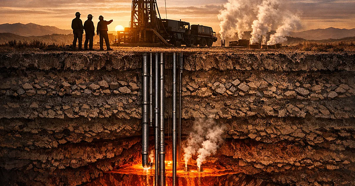 Cross-section showing geothermal pipes extending underground with steam vents and worker silhouettes at surface level