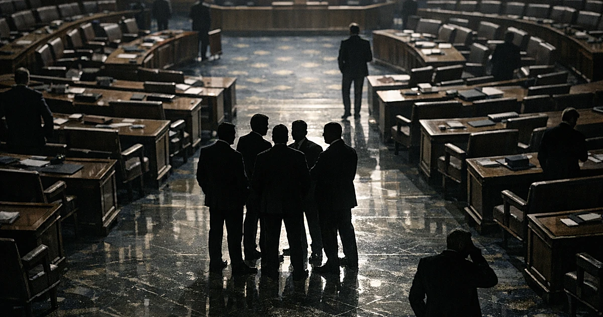 Empty legislative chamber with silhouetted figures blocking the central aisle while others stand scattered throughout