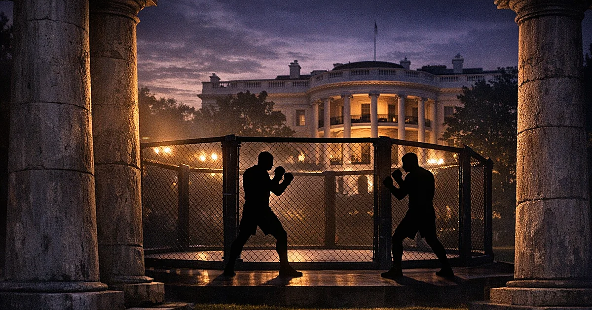 Two silhouetted figures in fighting stances across octagonal cage with White House columns in background at dusk