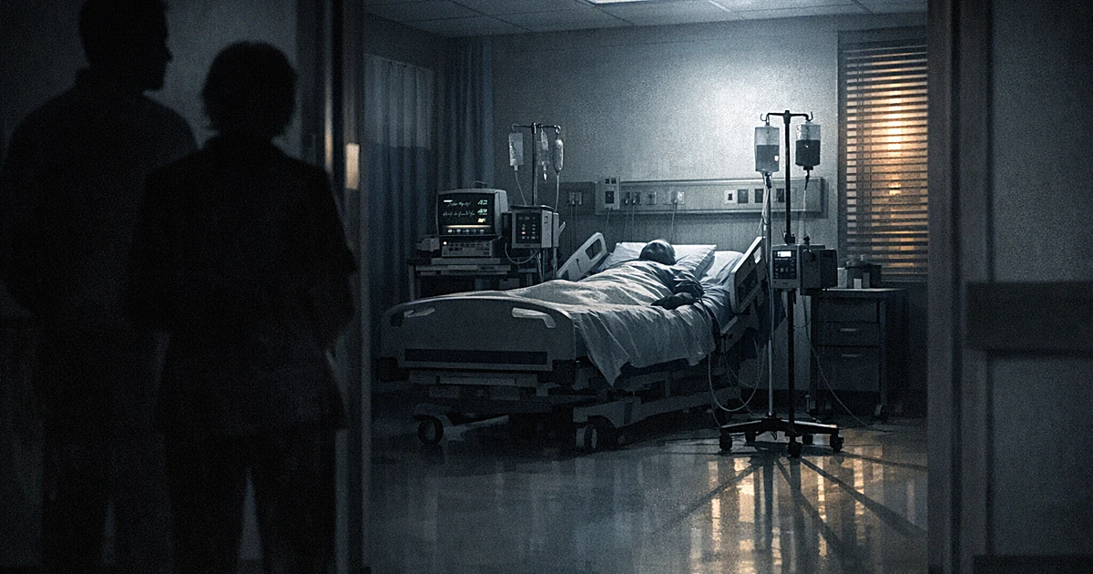 Empty hospital room with medical equipment and bed, lit by fluorescent lights and filtered evening light