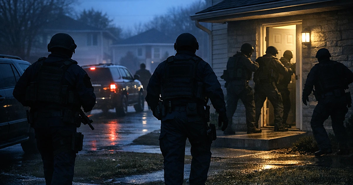Silhouetted law enforcement agents approaching a residence during early morning operation with vehicles on street