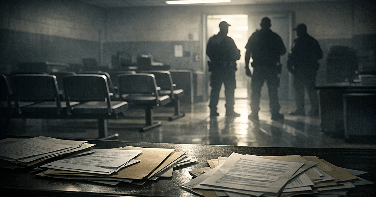 Empty processing room with metal chairs and paperwork on desk, silhouetted officers in background