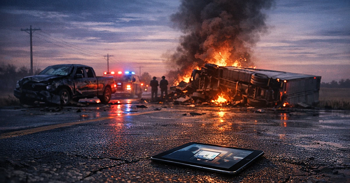 Highway crash scene with overturned semi-trailer, pickup truck, and iPad on pavement with emergency lights at dusk