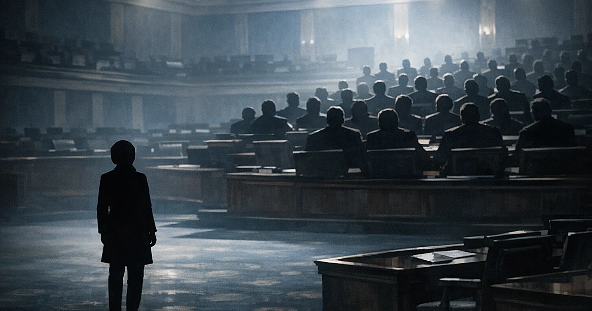 Lone silhouette stands apart from group of silhouettes in legislative chamber, illustrating political isolation