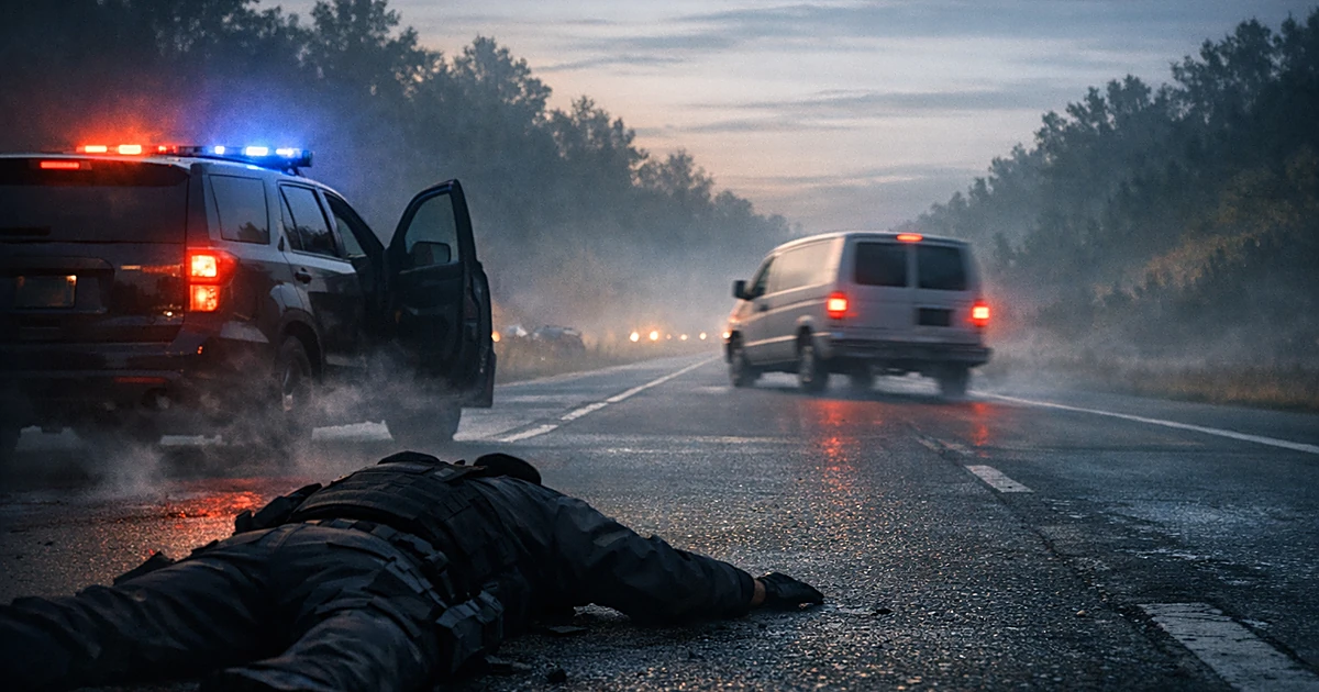 White van fleeing on highway as silhouetted figure lies on road near vehicle with emergency lights