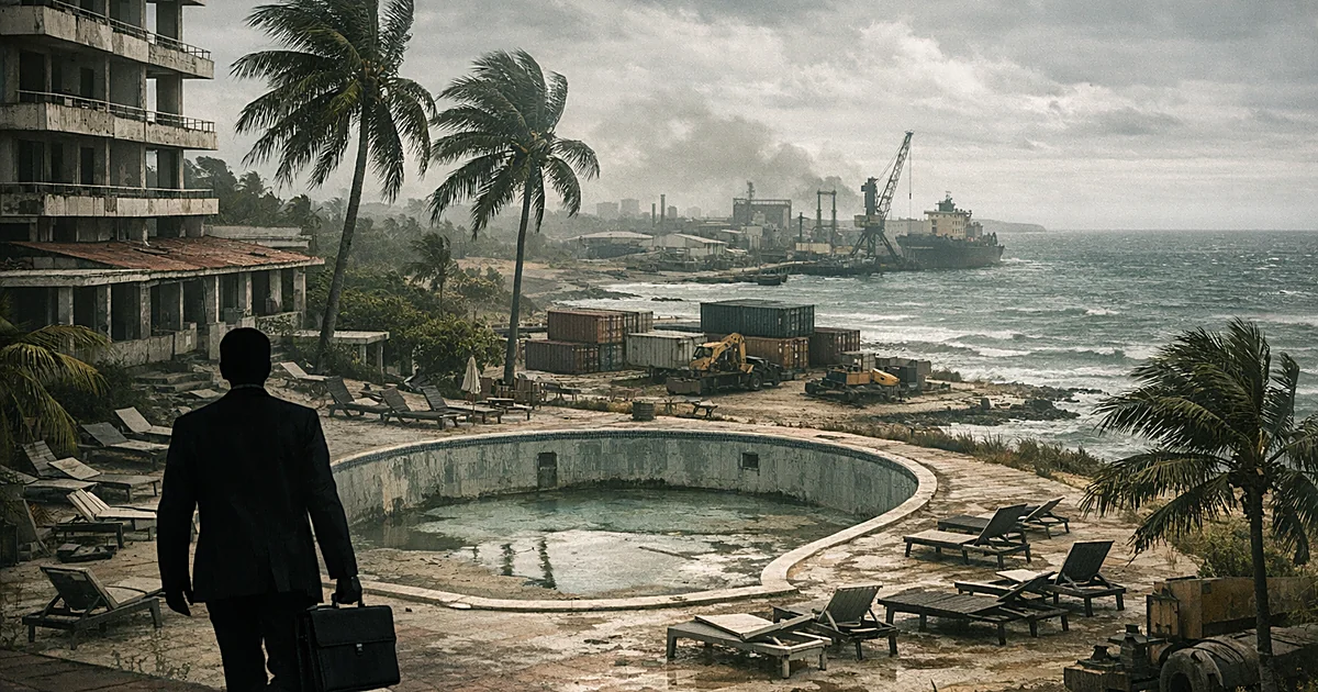Empty resort hotel with drained pool and silhouetted businessperson walking away carrying briefcase on tropical coast