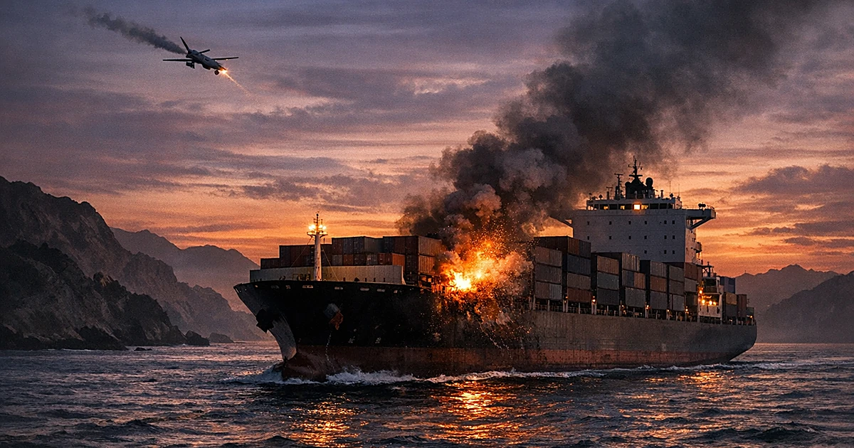 Cargo ship with hull damage in strait waters as drone descends from sky trailing smoke at dusk