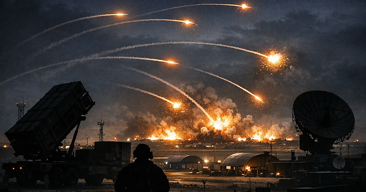 Nighttime scene of missile defense systems intercepting incoming projectiles over a military installation