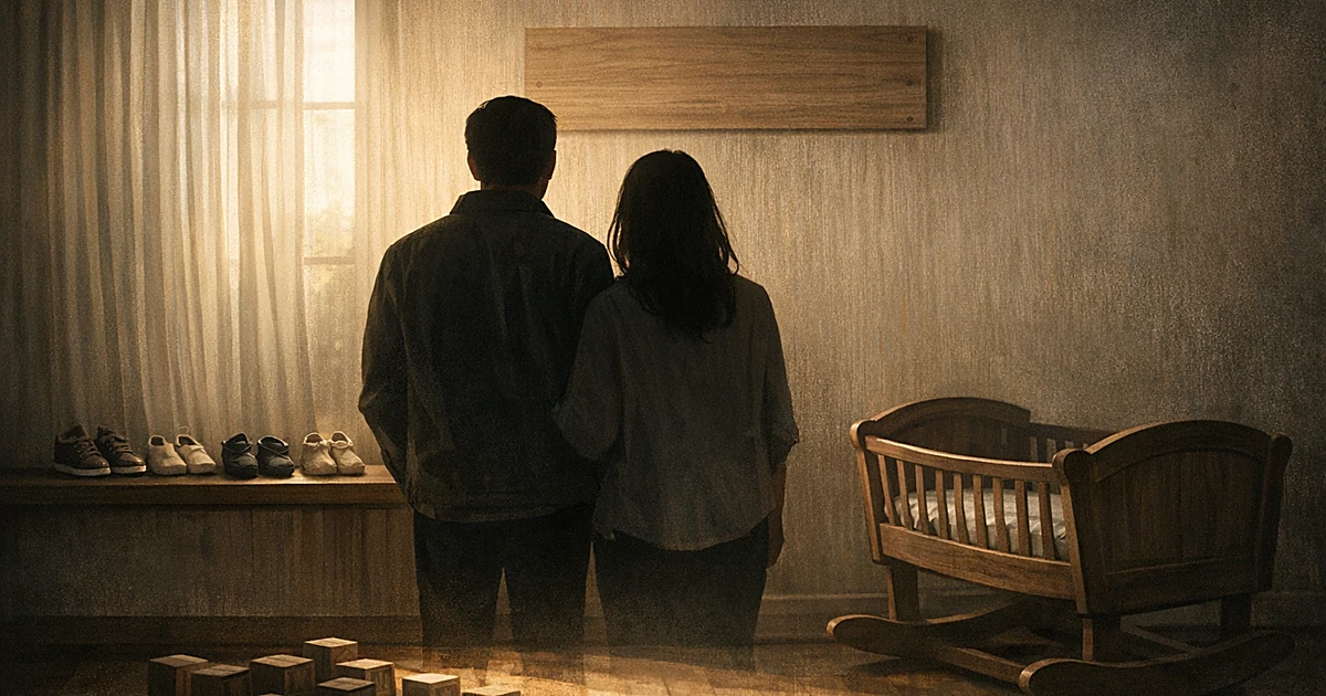 Silhouetted couple in nursery viewing blank wall space with empty cradle and children's shoes on shelf