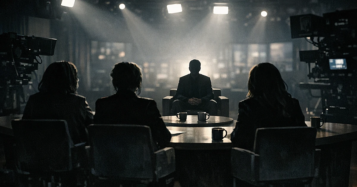 Silhouettes of talk show hosts and guest in television studio with dramatic lighting and camera equipment