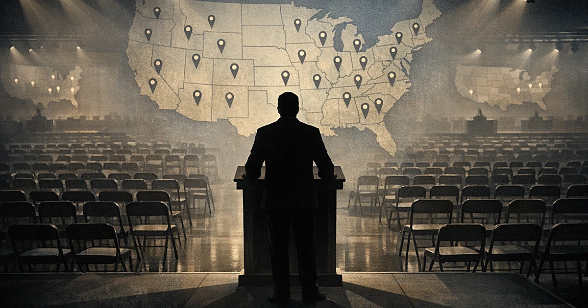 Silhouette at podium facing empty chairs with US map projection showing multiple state locations behind them