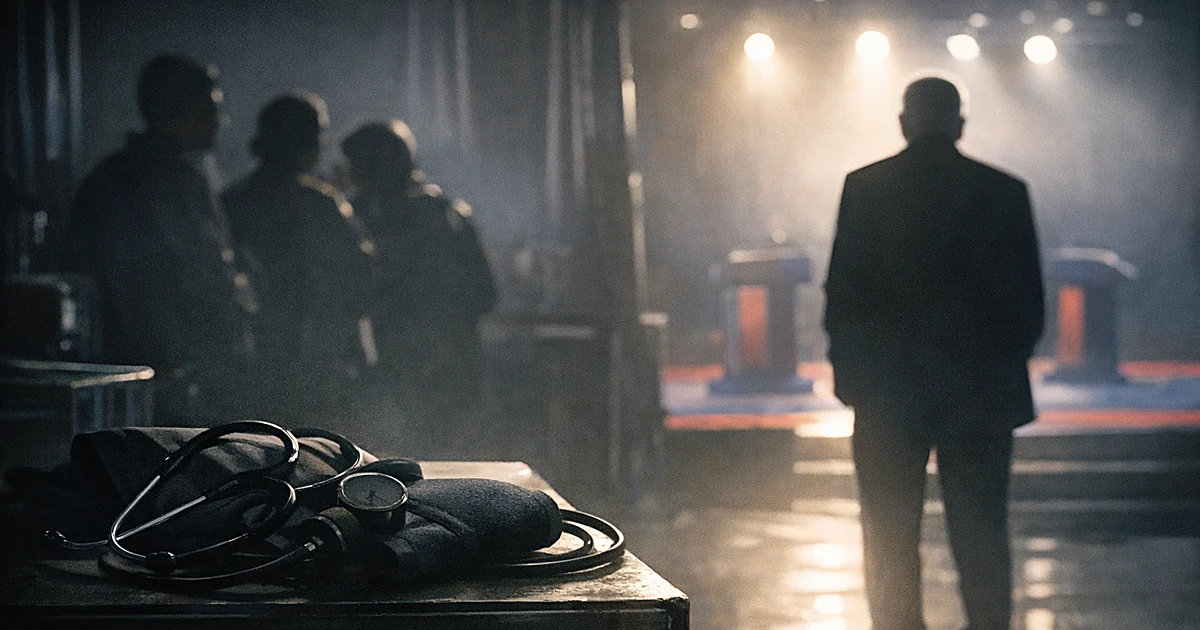 Silhouette of person backstage at TV studio with medical equipment on table and shadowy figures in background