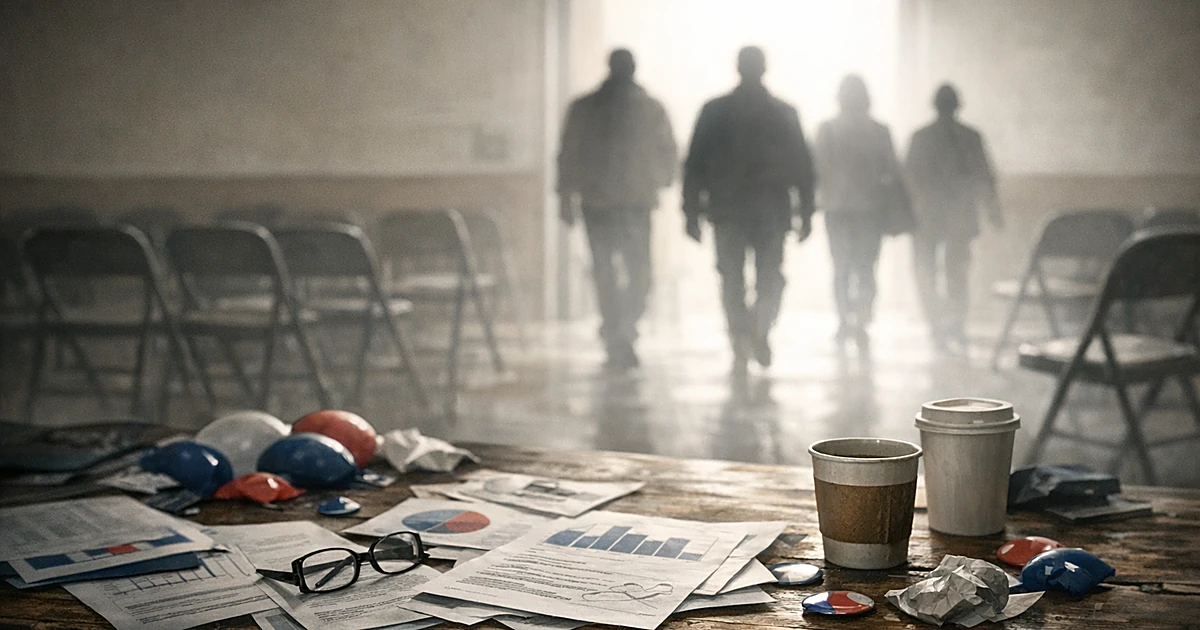 Silhouettes of people walking away from abandoned campaign materials on a table in an empty community meeting room