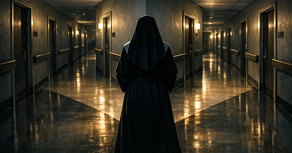 Silhouetted figure in religious habit stands at junction of two identical nursing home corridors