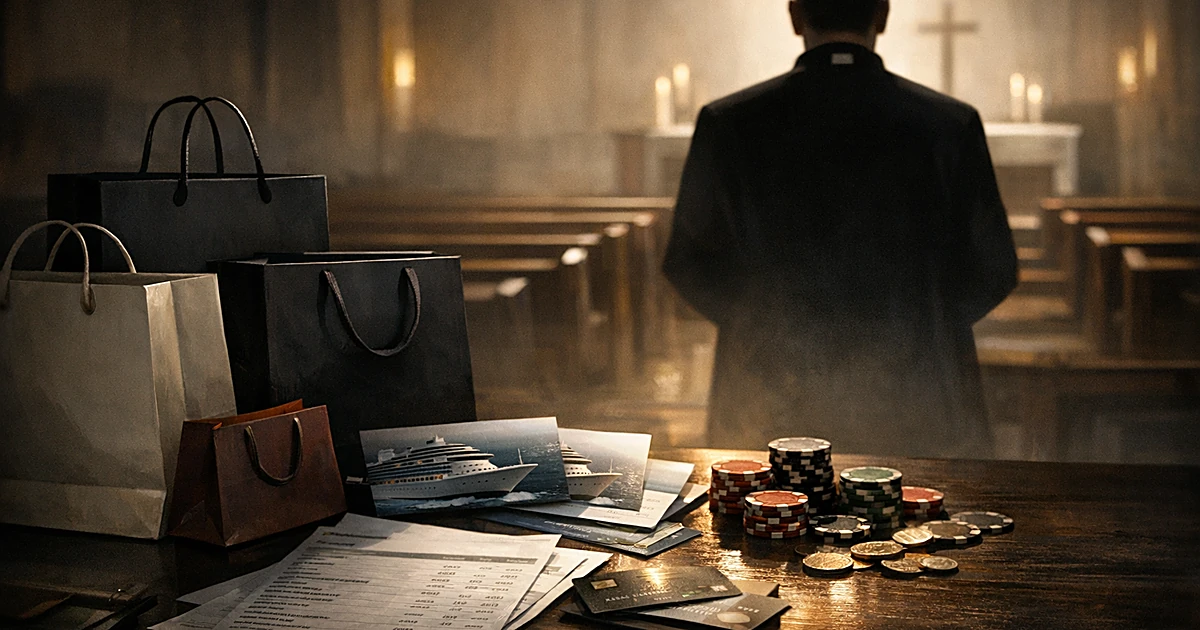 Silhouette of priest at altar with luxury shopping bags, cruise tickets, and credit cards on desk in foreground