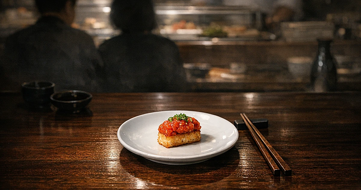 Overhead view of spicy tuna crispy rice on white plate at dark wooden sushi bar with chopsticks