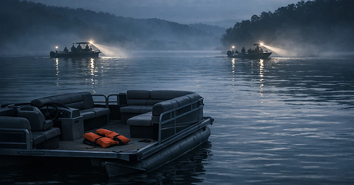 Empty pontoon boat on dark lake waters with distant search boats sweeping spotlights through fog at dusk