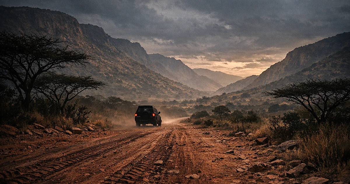 Isolated dirt road through Kerio Valley with vehicle silhouette against hills at dusk in rural Kenya