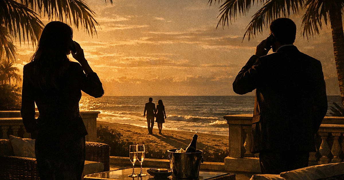 Two silhouettes on opposite sides of terrace making phone calls while distant couple walks on beach below
