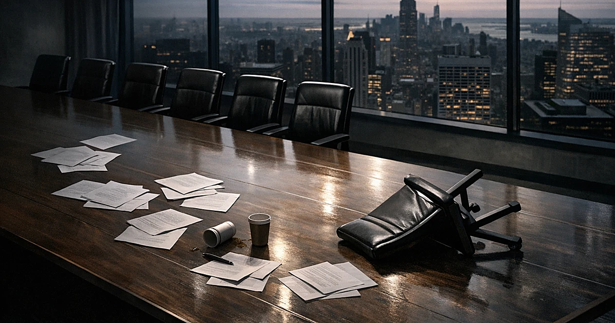 Empty conference table with nine chairs facing one overturned chair, papers scattered, NYC skyline visible through windows