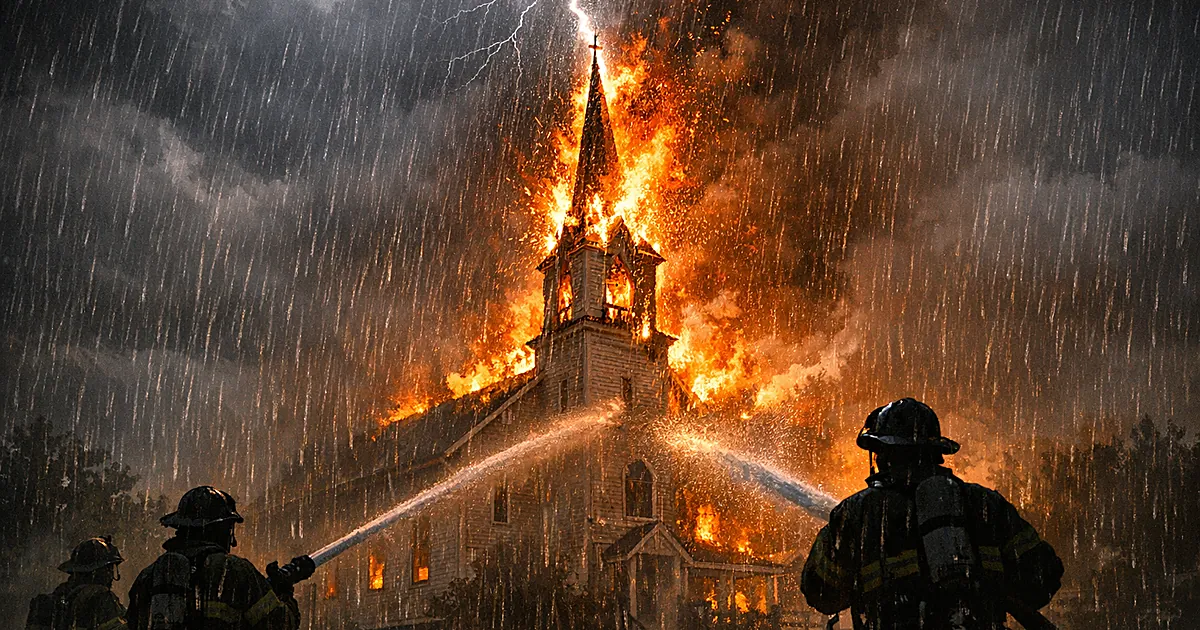 Lightning bolt strikes church steeple engulfed in flames as silhouetted firefighters spray water at night