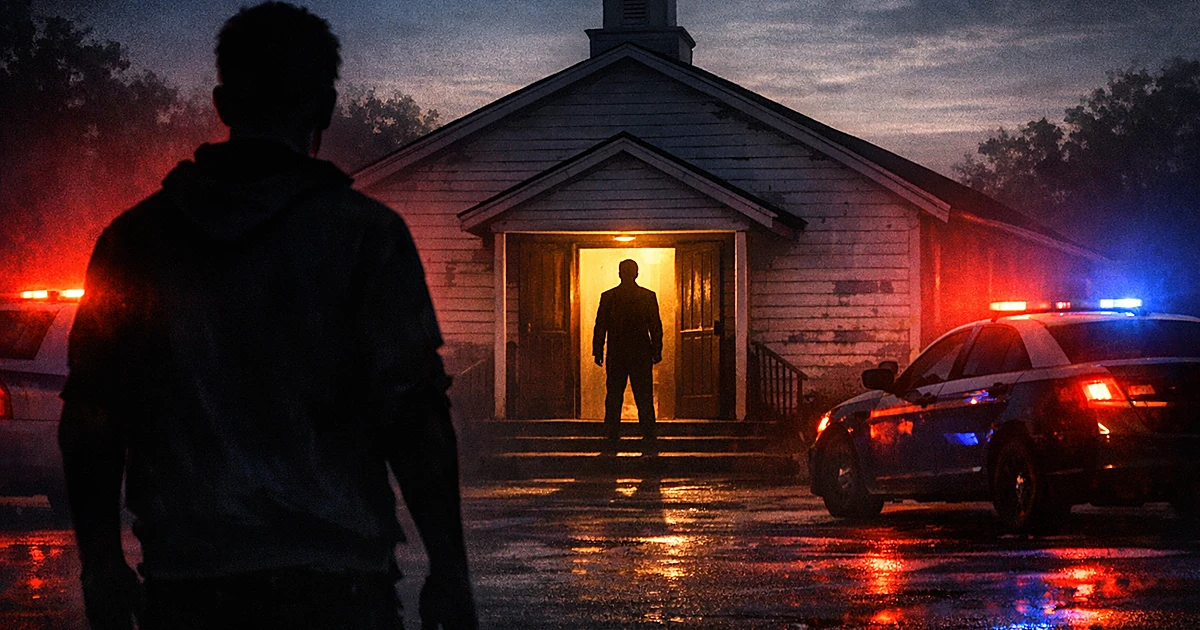 Silhouetted figures outside a small church with police lights illuminating the scene at dusk