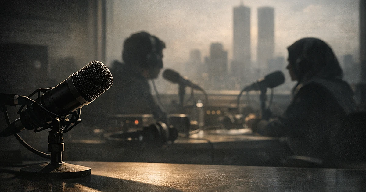 Podcast microphone in focus with silhouetted figures recording in background and urban skyline visible through window