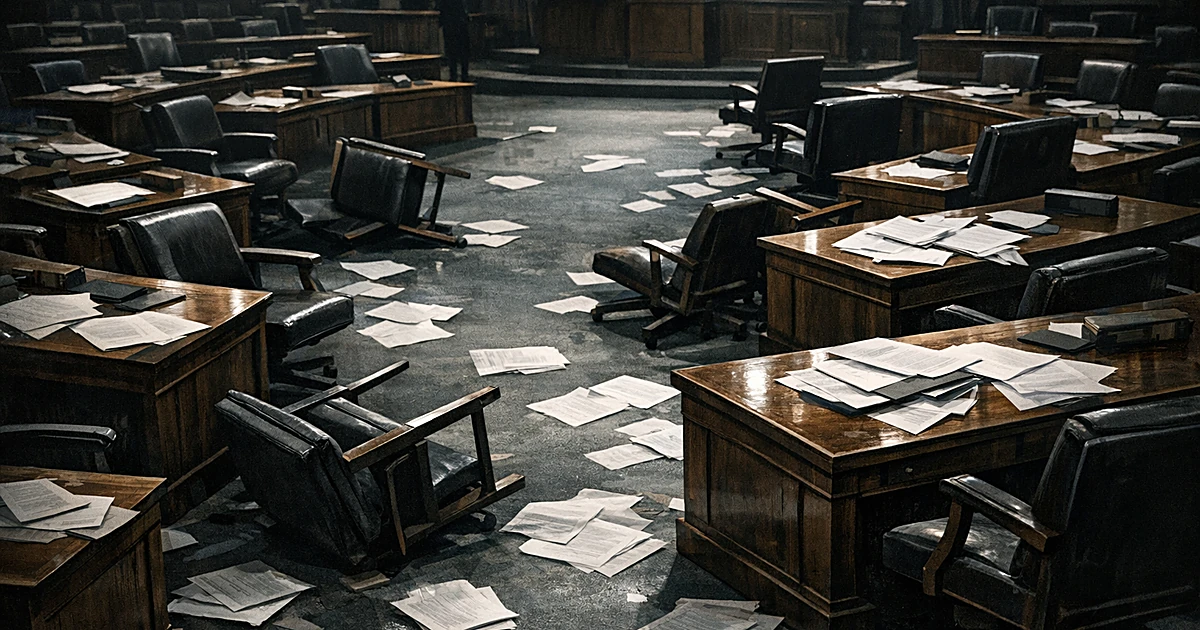 Overhead view of empty legislative chamber with overturned chairs and scattered papers suggesting political upheaval