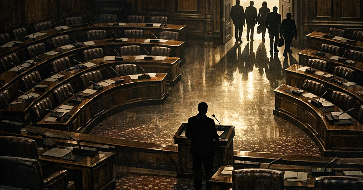 Silhouetted figure at podium facing empty legislative chamber as group of silhouettes exits through distant doorway