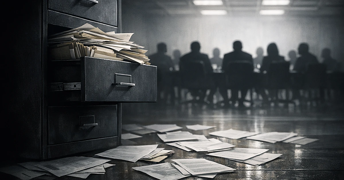 Towering filing cabinet with documents spilling out, silhouetted figures at hearing table in background