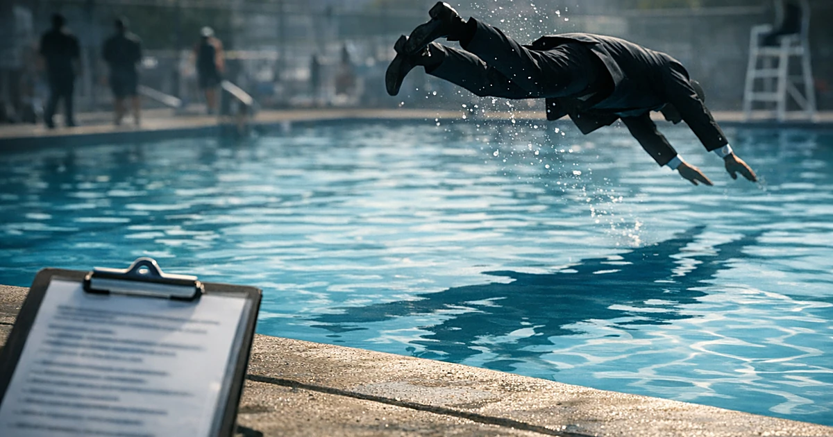 Silhouette of person in business suit diving into public pool with rules clipboard on deck