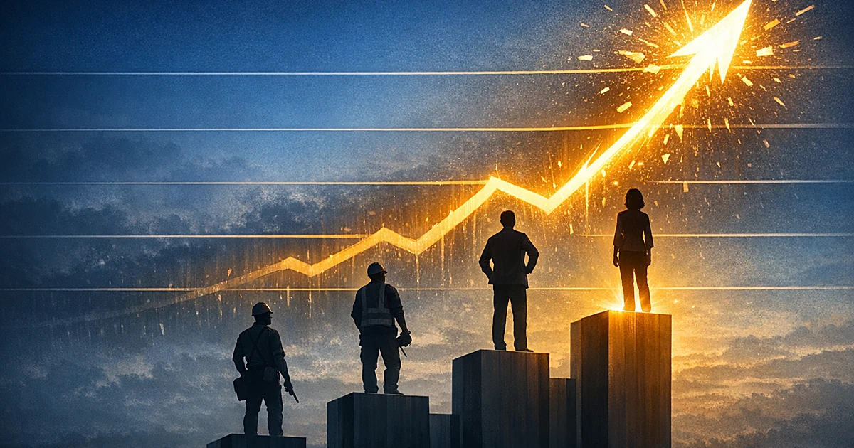 Silhouetted workers stand on rising bar chart columns as a glowing graph line surges upward through forecast gridlines