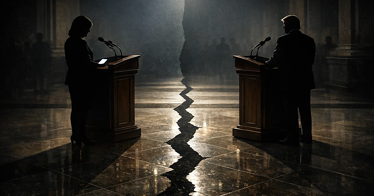 Two podiums angled away from each other in a dark diplomatic hall with dramatic lighting creating separation