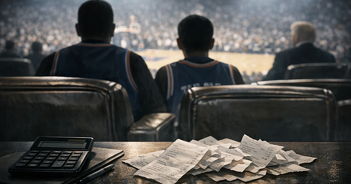 Silhouettes in premium basketball seats with calculator and receipts in foreground suggesting financial scrutiny