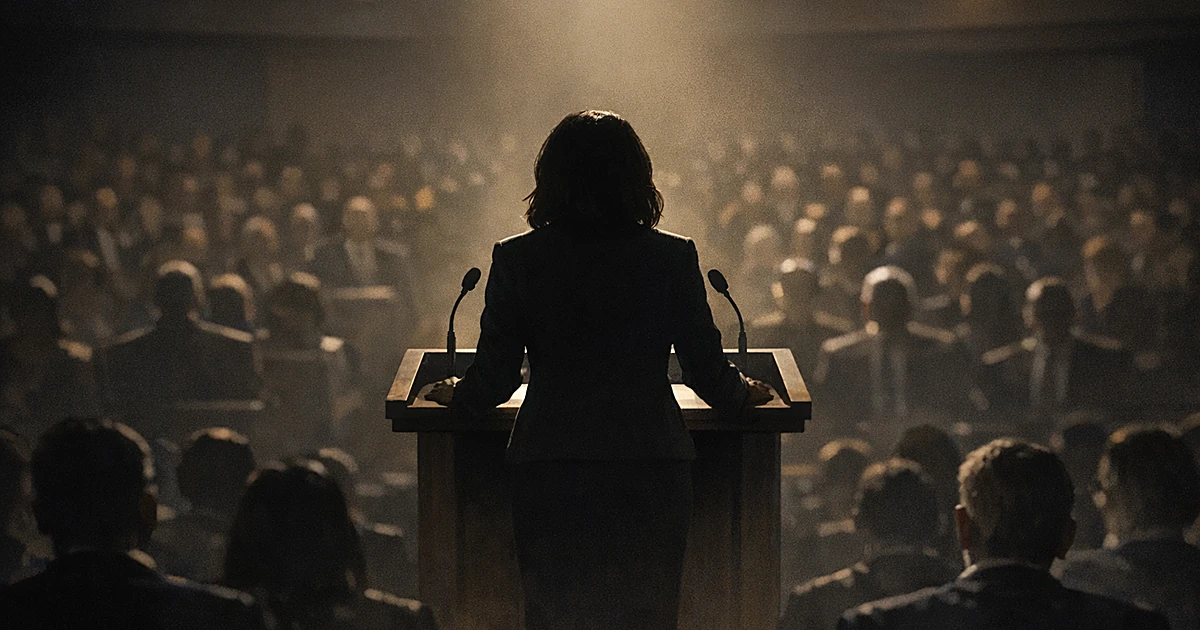 Silhouetted speaker at podium addressing seated audience in spotlit auditorium