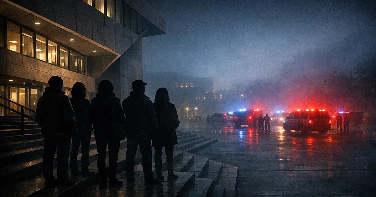 Silhouetted figures on municipal building steps facing distant emergency vehicle lights in foggy night scene