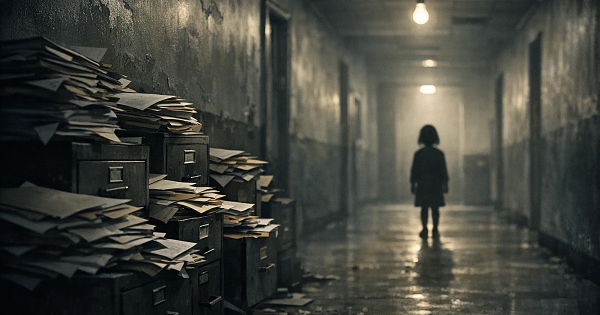 Silhouette of child in institutional hallway with overflowing files representing failed foster care oversight