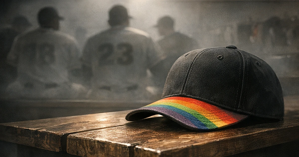 Baseball cap with handwritten marking on bench in locker room with player silhouettes in background