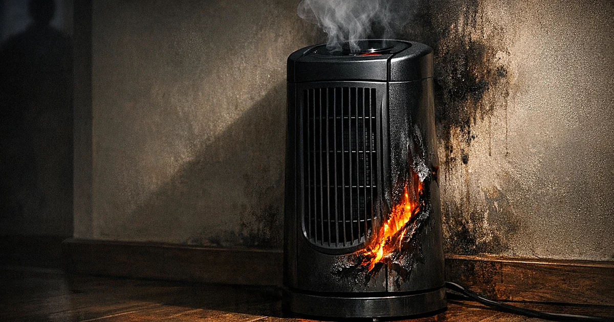 Tower space heater with melted casing and smoke rising, showing scorch marks on wall behind it