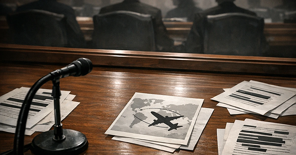 Overhead view of Senate hearing table with microphone, papers, and silhouetted figures suggesting testimony proceedings