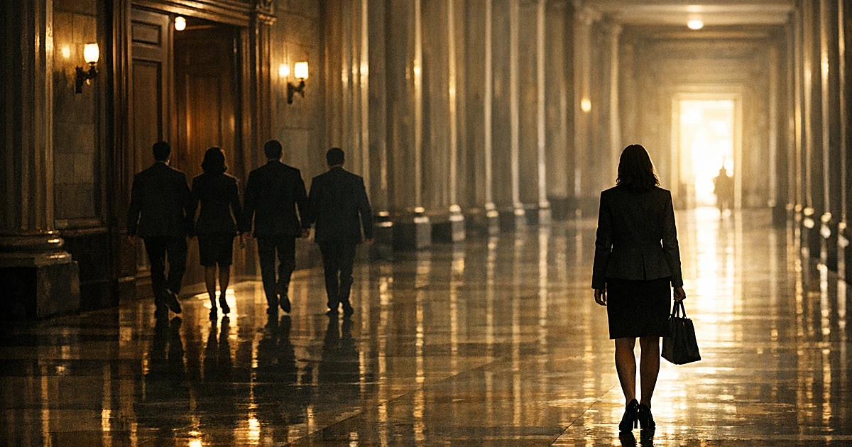 Silhouetted figure walking alone toward exit while others head to legislative chamber in opposite direction