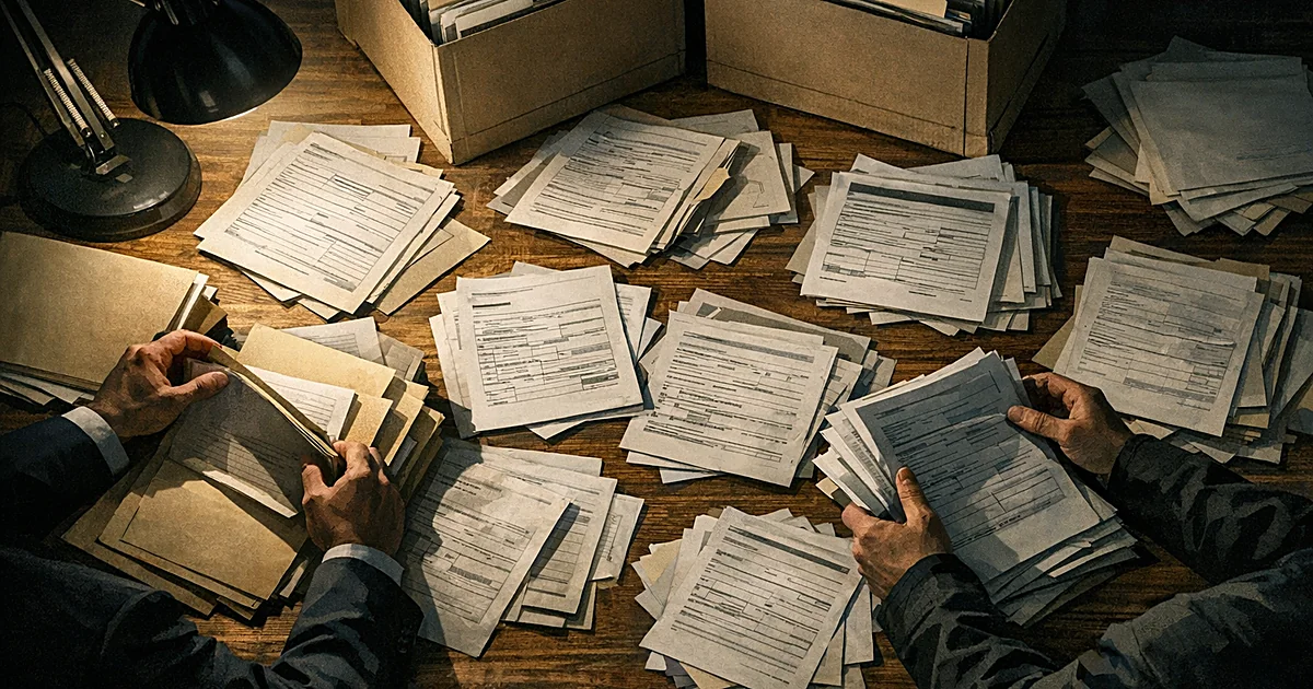 Overhead view of hands sorting through voter registration documents and files spread across a table under dramatic lighting