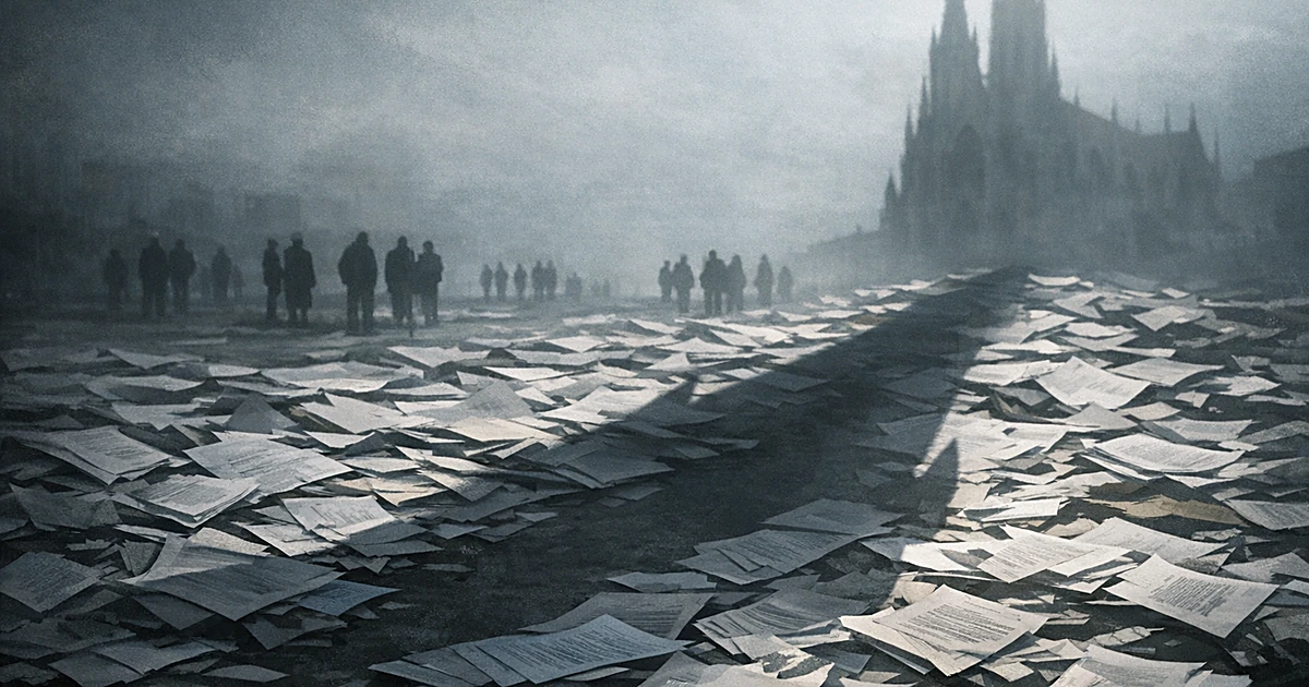 Church spire shadow cast over scattered legal documents with distant silhouettes of people in dim light
