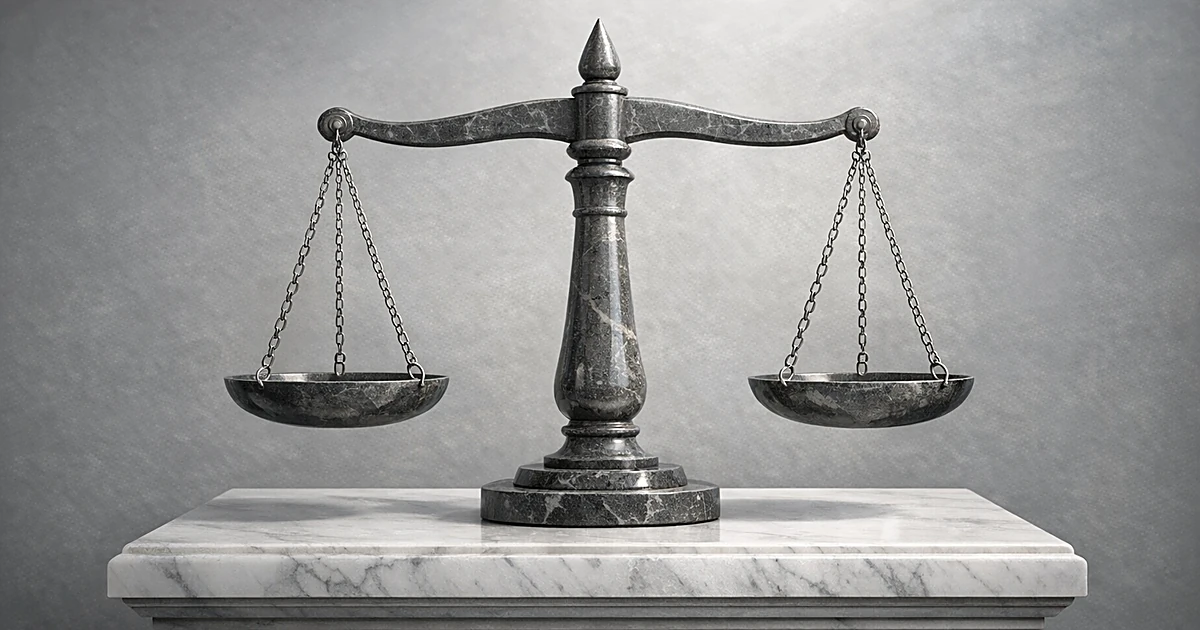 Abstract stone scales of justice on marble pedestal with soft lighting