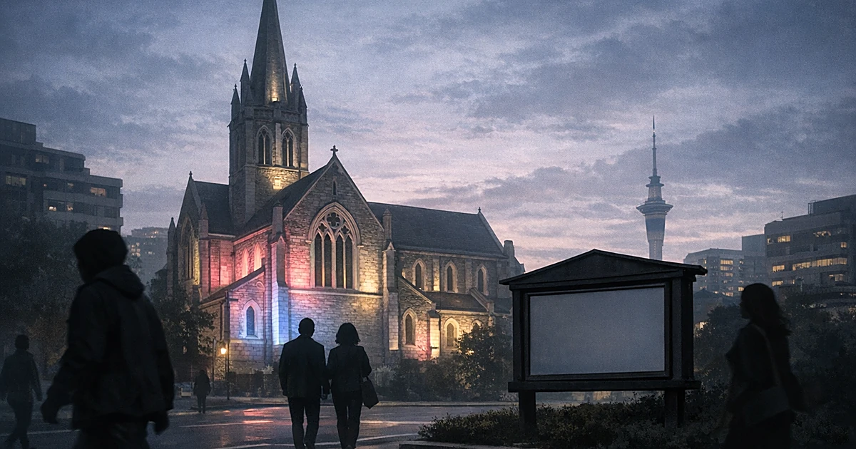 Church building illuminated in pink and blue light with silhouetted pedestrians walking past in urban setting