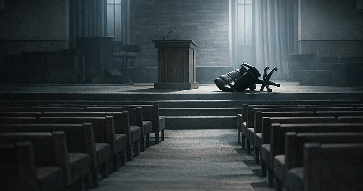 Empty church sanctuary with vacant pews and an overturned chair on the pulpit platform in stark lighting